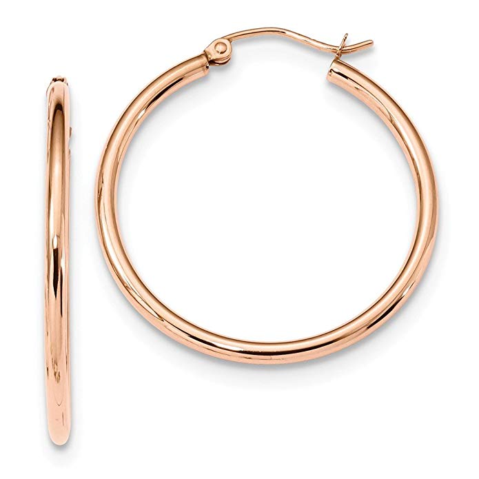 10k Rose Gold 2 mm Polished Classic Round Hoop Earrings - 20 to 30 mm