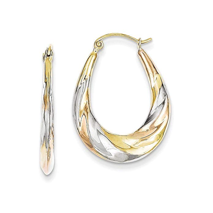 10k Tri-color Gold Rhodium Oval Scalloped Hollow Hoop Earrings