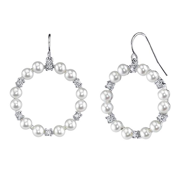 THE PEARL SOURCE 4-5mm Genuine White Freshwater Cultured Pearl & Cubic Zirconia Hoop Earrings for Women