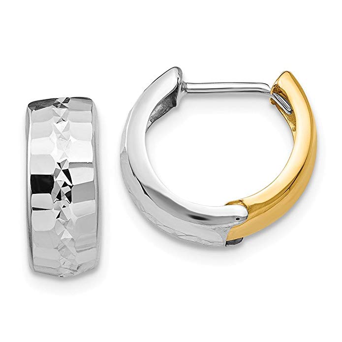 14k White and Yellow Gold Textured Small Huggie Hoop Earrings for Women