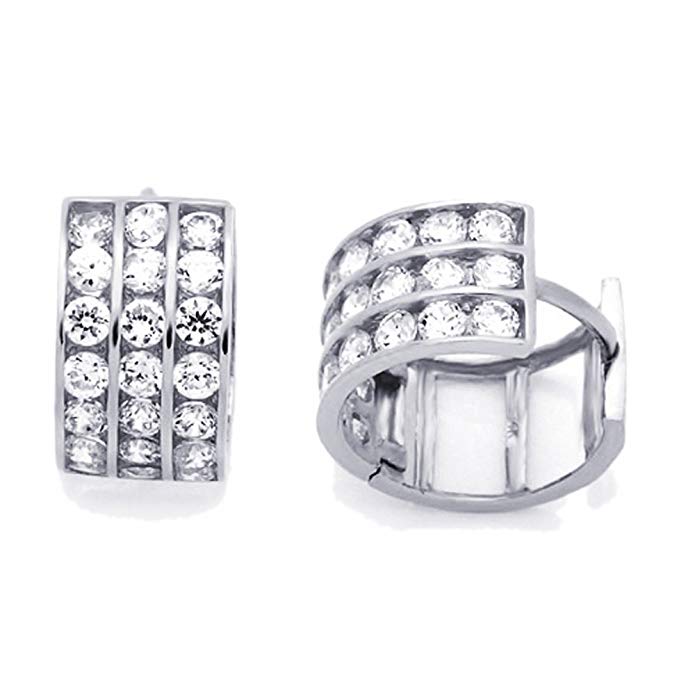 14K White Gold Cubic Zirconia Channel Setting Three Rows 7mm Width Huggie Hoop Earrings