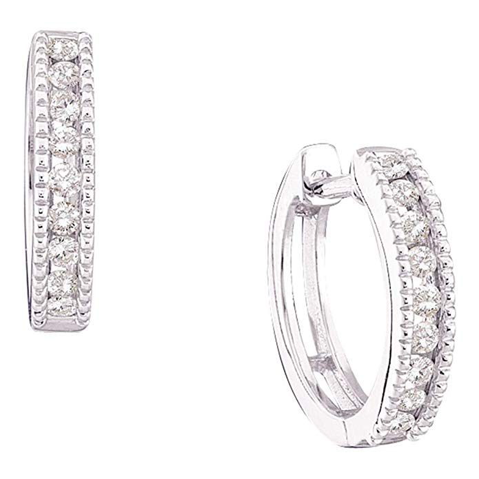 10k White Gold Round Cut Diamond Hoop Huggie Milgrain Style Earrings - 14mm Height 3mm Width (1/4 cttw)