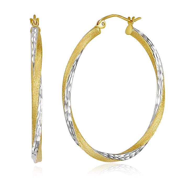 Wellingsale Ladies 14k Two Tone White and Yellow Gold Diamond Cut Polished 2.6mm Hinged Hoop Earrings (35 x 35 mm)