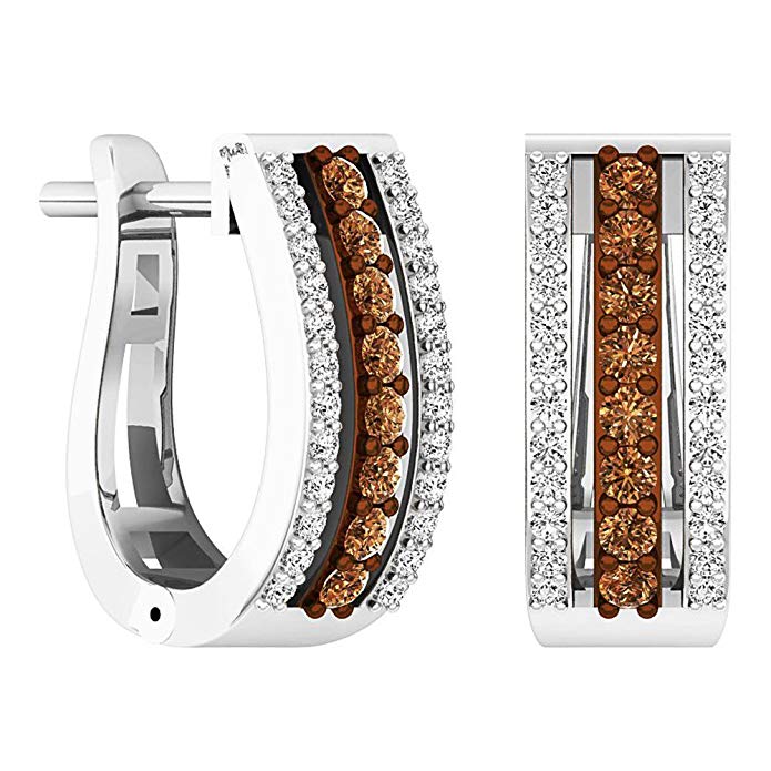 0.45 Carat (ctw) 14K Gold Round Champagne & White Diamond Ladies Huggies Hoop Earrings 1/2 CT