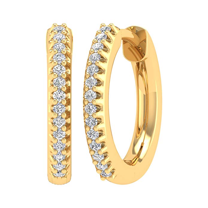 0.08 Carat Hoop Earrings with Prong set Diamonds in 14K Gold  (I1-I2 Clarity)- IGI certified