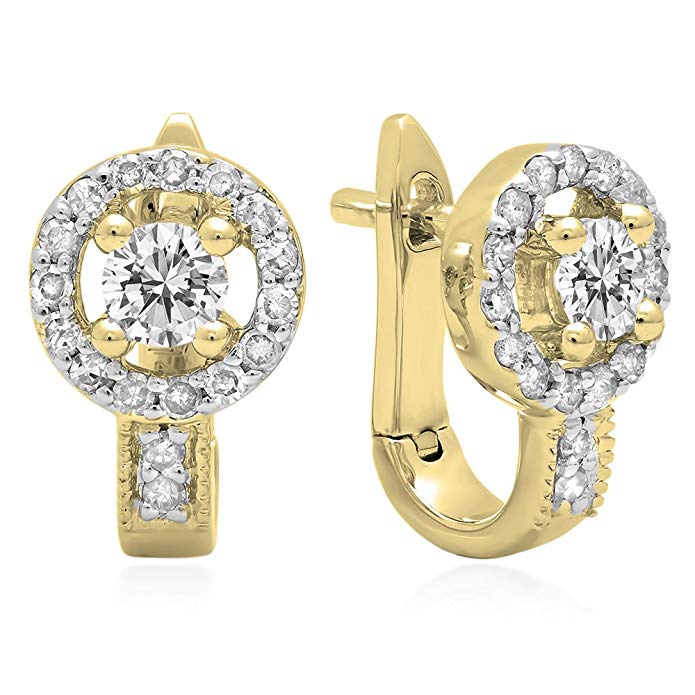 0.50 Carat (ctw) 14K Gold Round White Diamond Ladies Halo Style Hoop Earrings 1/2 CT