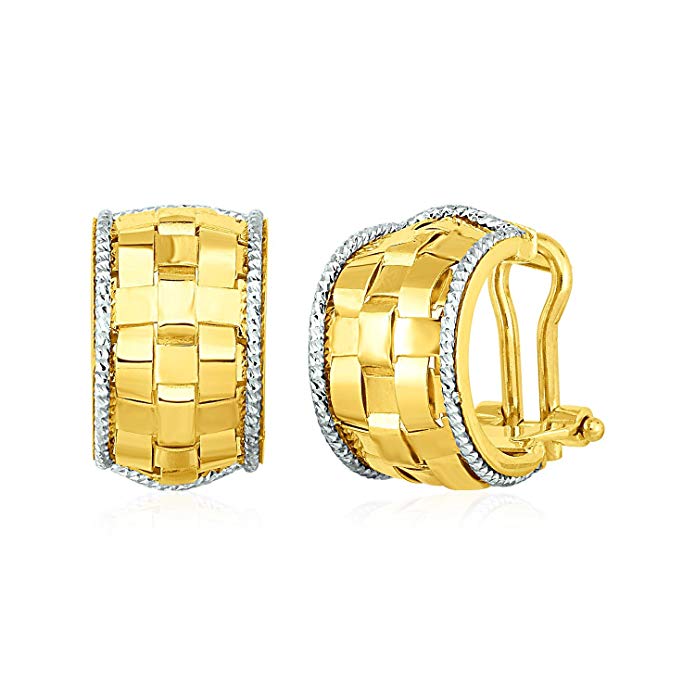 Wide Hoop Earrings with Basket Weave Texture in 14K Yellow and White Gold