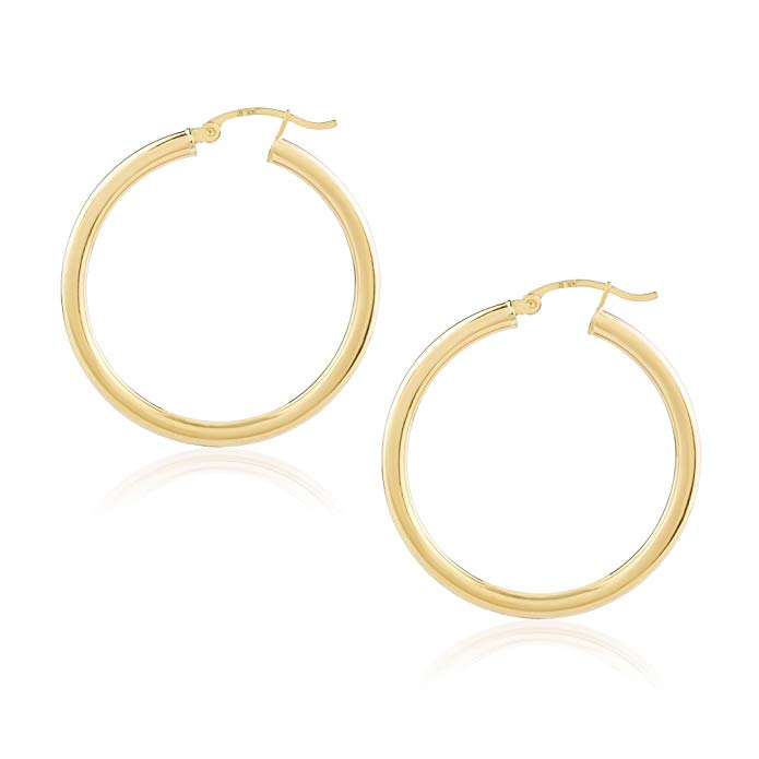 14k Yellow Gold Classic Shiny Polished Round Hoop Earrings for Women, 3mm tube