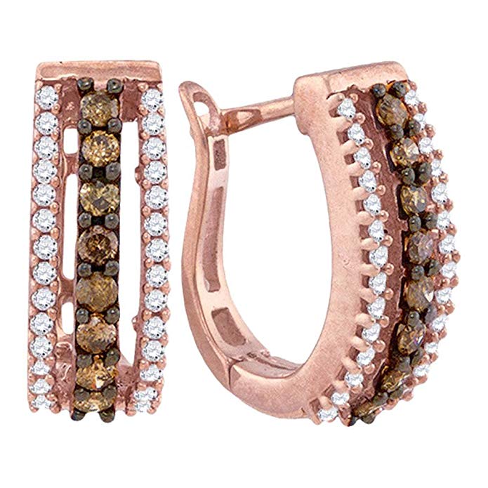 10K Rose Gold U Shape Hoop Huggie Channel Set Chocolate Brown & White Diamond Earrings (Approx. 1/2