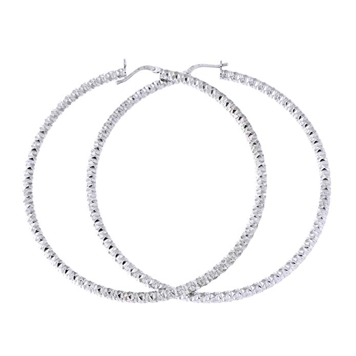 Sterling Silver Rhodium Plated 3mm Diamond Cut Hoop Earrings