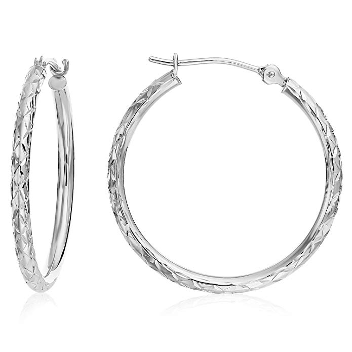 14k Gold X-pattern Diamond-cut Round Hoop Earrings, 1'' Diameter