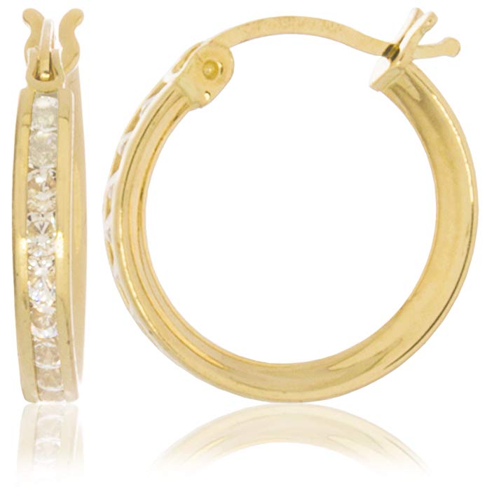 Solid Gold CZ Hoop Earrings 14K Yellow Gold 2.1mm Wide 0.55 Inch Diameter with 20 Channel Set Petite CZ | 0.9g