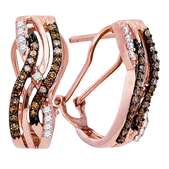 10k Rose Gold Round Chocolate Brown Diamond Striped Hoop Earrings (1/2 Cttw)