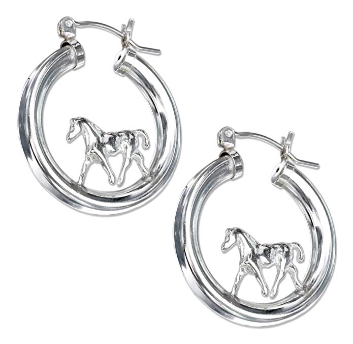 Sterling Silver on Tubular Hoop Horse Earrings with French Locks