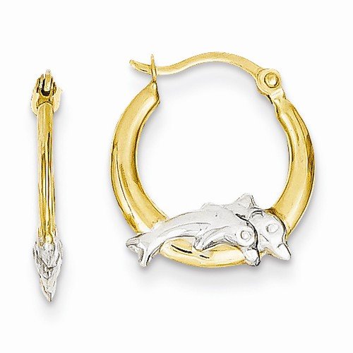 14k Yellow & White Two Tone Gold Madi K Dolphin Hoop Earrings (15mm x 14mm)