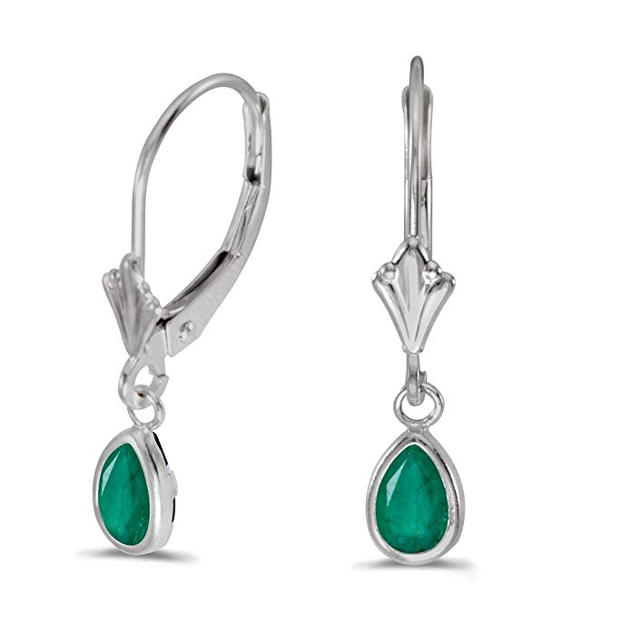 14K White Gold Pear Emerald Bezel Lever-back Earrings