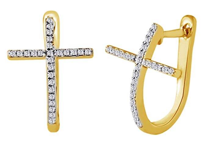 Round Cut (0.14 Cttw) White Natural Diamond Cross Hoop Earrings In 10K Solid Gold