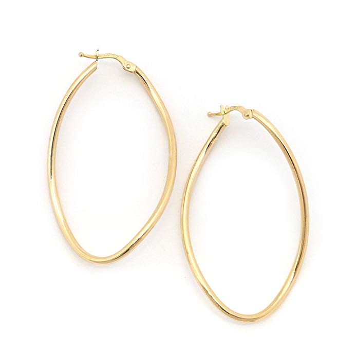 14k Yellow Gold Long Freeform Oval Hoop Earrings, 2