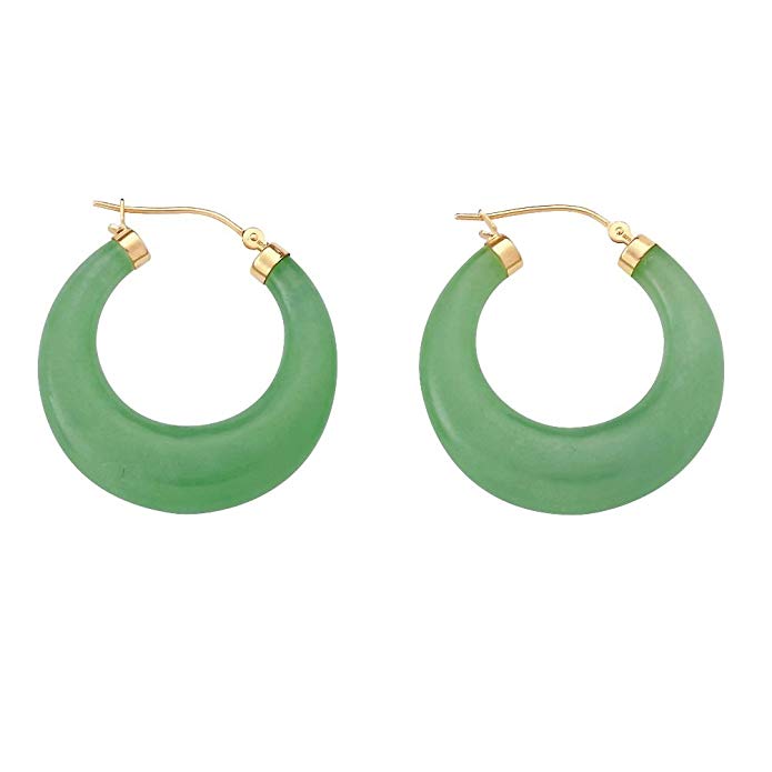 Genuine Green Jade Hoop Earrings in 14k Gold Tone over Sterling Silver (18mm)