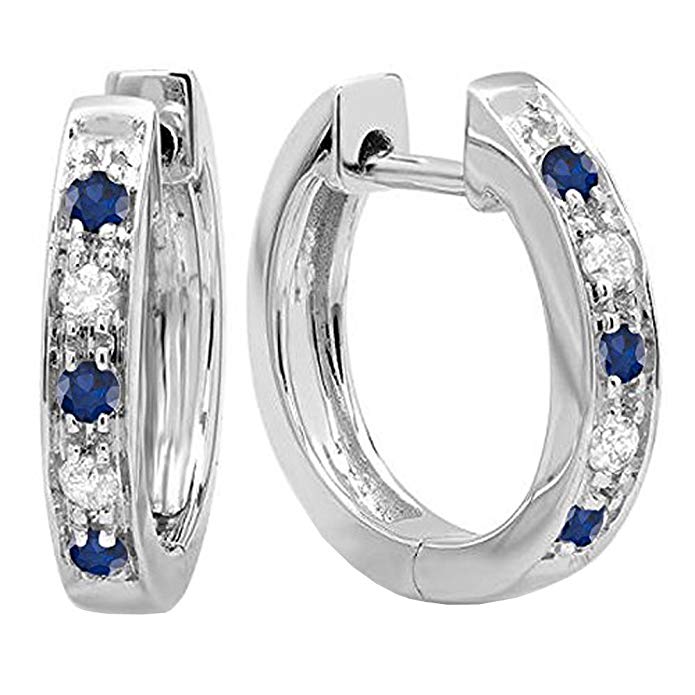 10K Gold Round Blue Sapphire & White Diamond Ladies Hoop Earrings