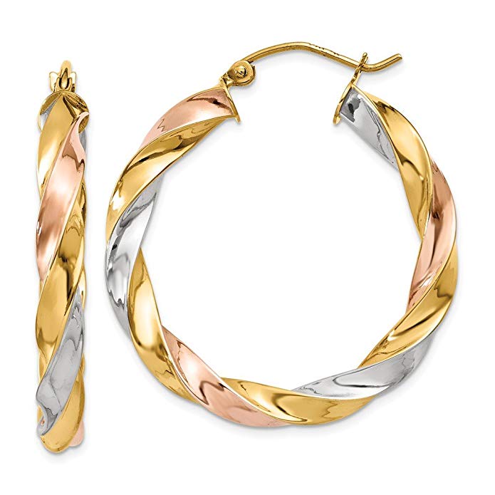 5 mm Light Twisted Hoop Earrings in Genuine 14k Tri-Color Gold - 25 to 36mm