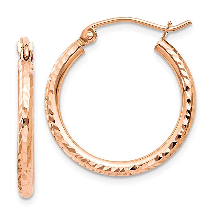 2 mm Hoop Earrings in Patterned Genuine 14k Rose Gold - 20 to 30mm