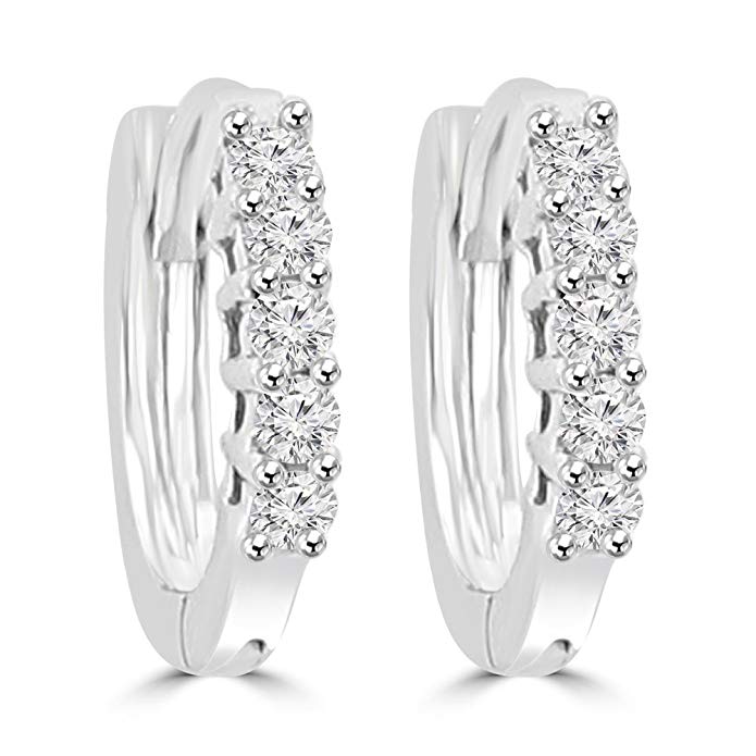 0.25 ct Ladies Round Cut Diamond Hoop Huggie Earrings In 14 kt White Gold