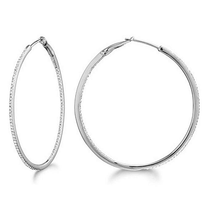 Micro Pave Large Round Diamond Hoop Earrings Sterling Silver (0.39ct)