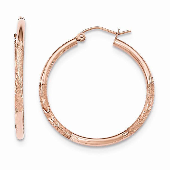 14k Rose Gold Light Weight Satin Diamond Cut Hoop Earrings Length 30mm