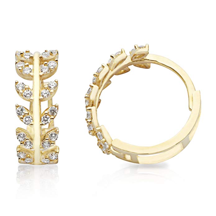 NEW 14K Yellow Gold Huggie Hoop Earrings With Branch and Leaves Design for Women and Girls