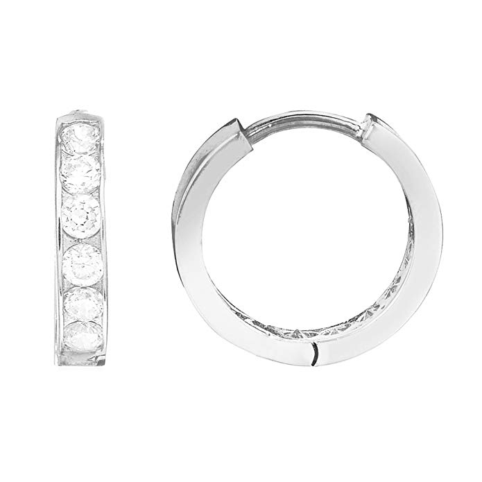 14K Solid Yellow or White Gold Huggie Hoop 2x14mm Cubic Zirconia Channel Set Earrings