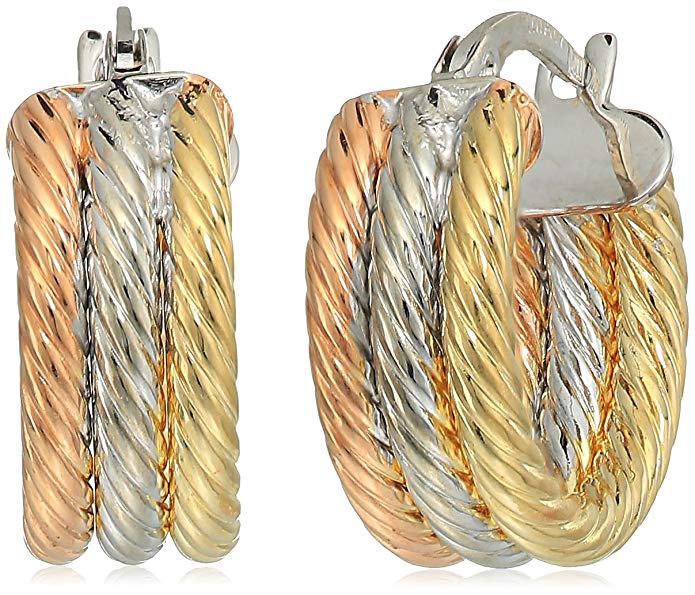 14k Tri-Color Italian 3 Row Hoop Earrings