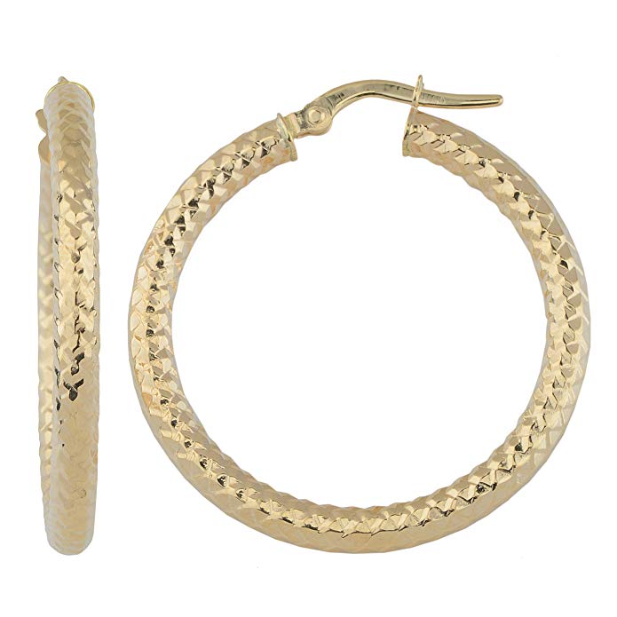 14k Gold 3x25mm Diamond-cut Finished Round Hoop Earrings (yellow gold or white gold)